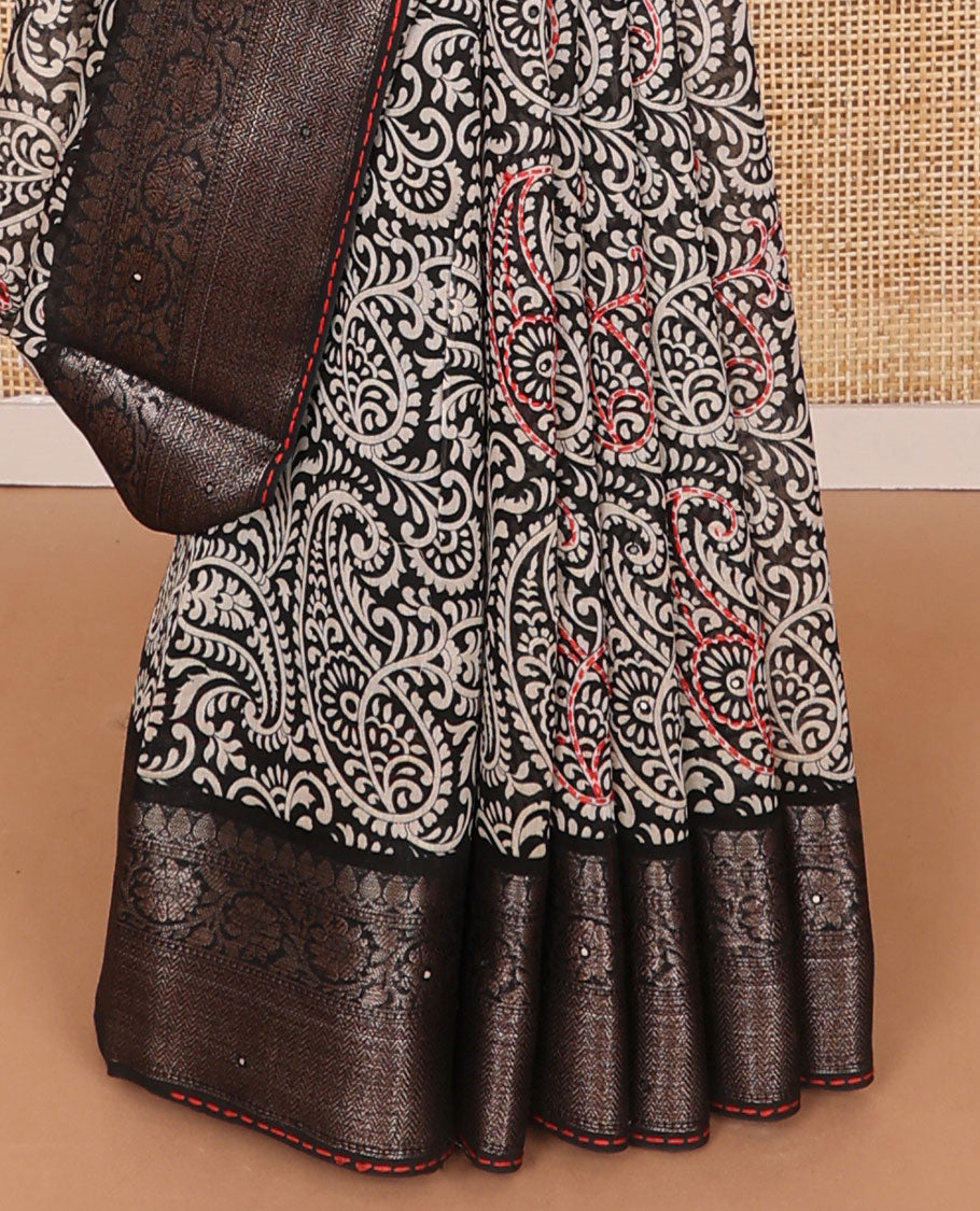 Black paisely design chanderi cotton saree with self zari design, sequins work border