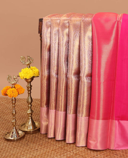 Gold pink jaal design tissue celebrity saree with zari border & brocade rich pallu along with brocade blouse
