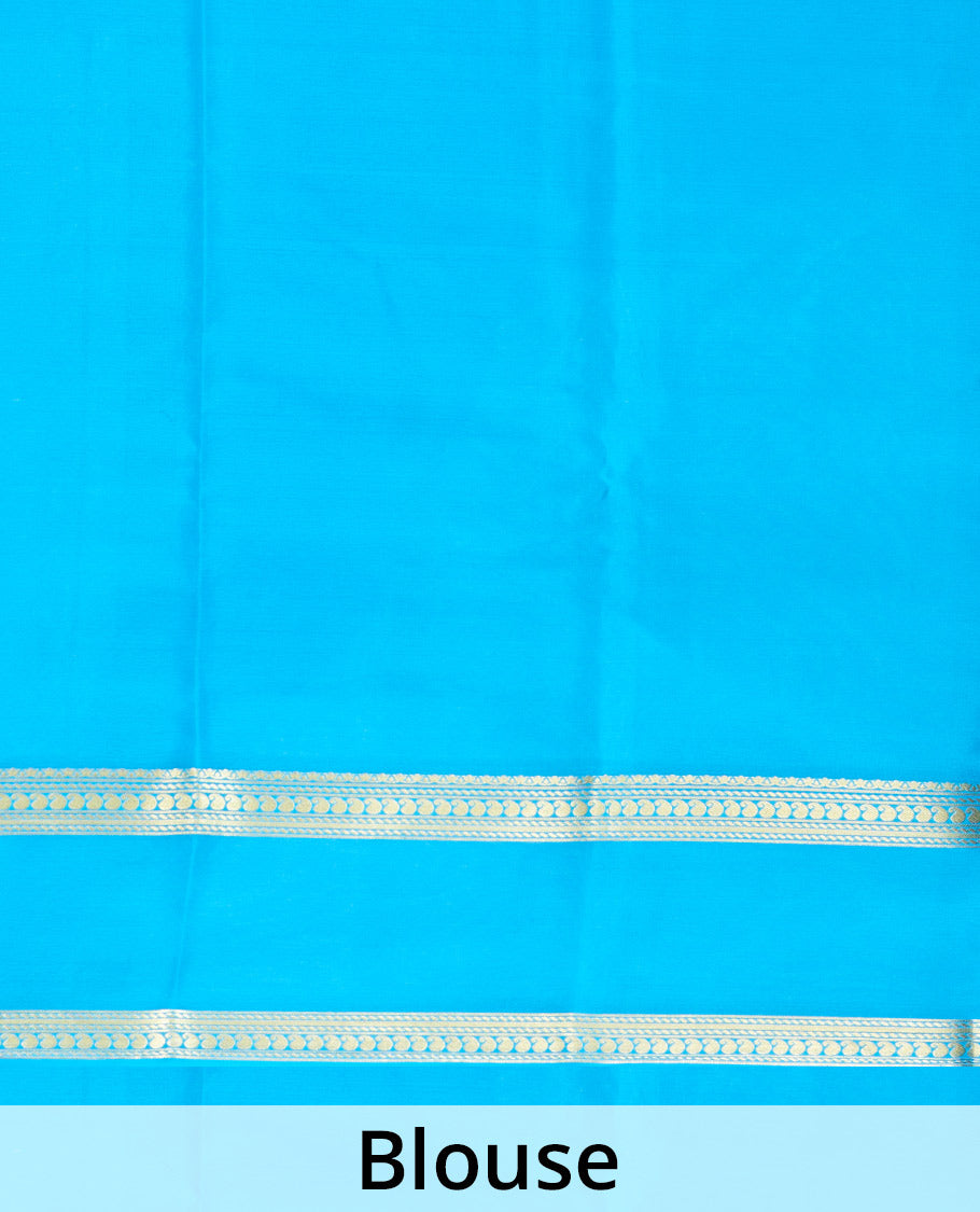 Yellow Plain Mysore Silk Saree, Complemented by a Contrast Rettai Pettu Border of Traditional Zari Designs, a Subtly Sparkled Pallu of Zari Stripes, and a Contrast Blouse