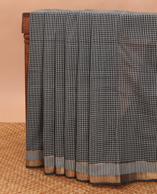 Black and white checked mangalgiri cotton saree with contrast temple border & pallu of checks