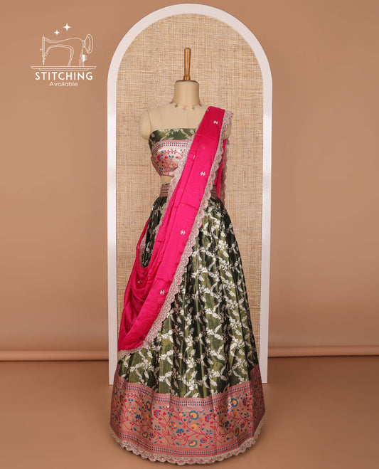 Bottle green floral jacquard banaras half saree with contrast floral design border, floral design blouse & floral embroidery dhavani