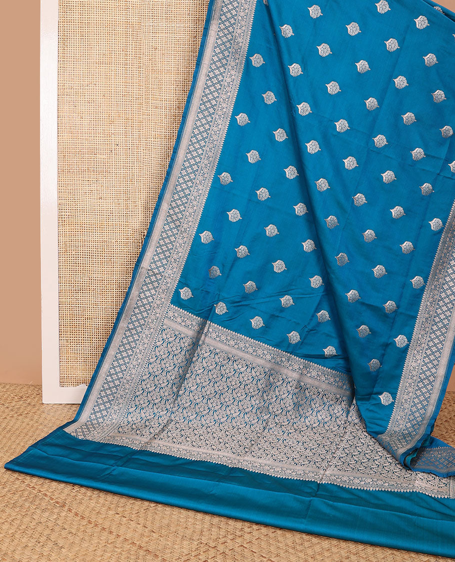 Blue motifs semi banaras satin saree with self floral design border & floral jaal  design pallu