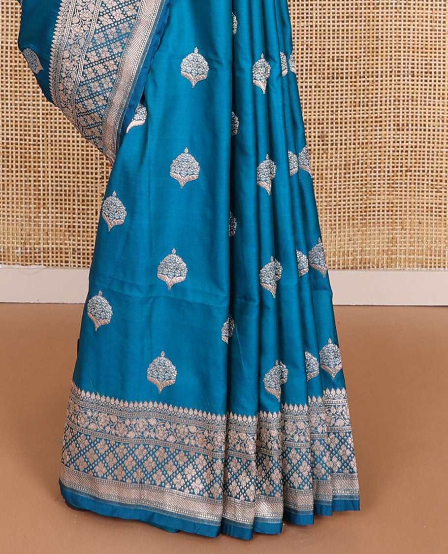 Blue motifs semi banaras satin saree with self floral design border & floral jaal  design pallu