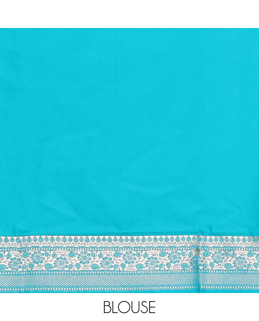Blue motifs semi banaras satin saree with self floral design border & floral jaal  design pallu
