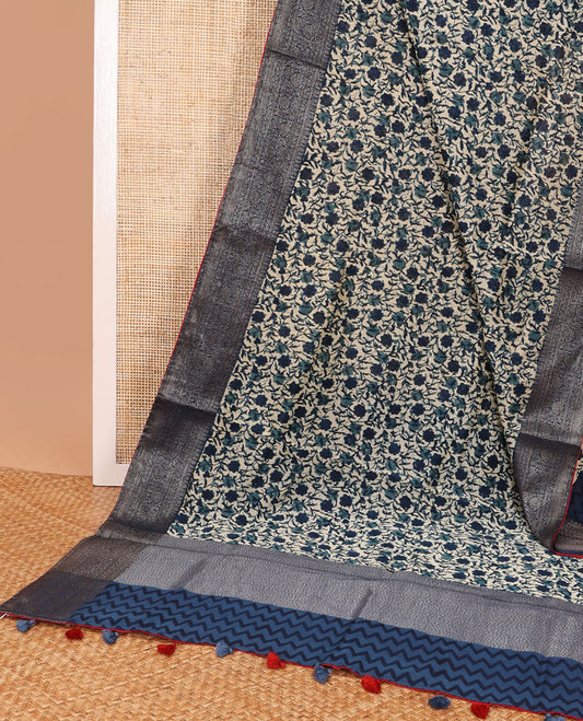 Cream floral design chanderi cotton saree with contrast zari design, sequins work border