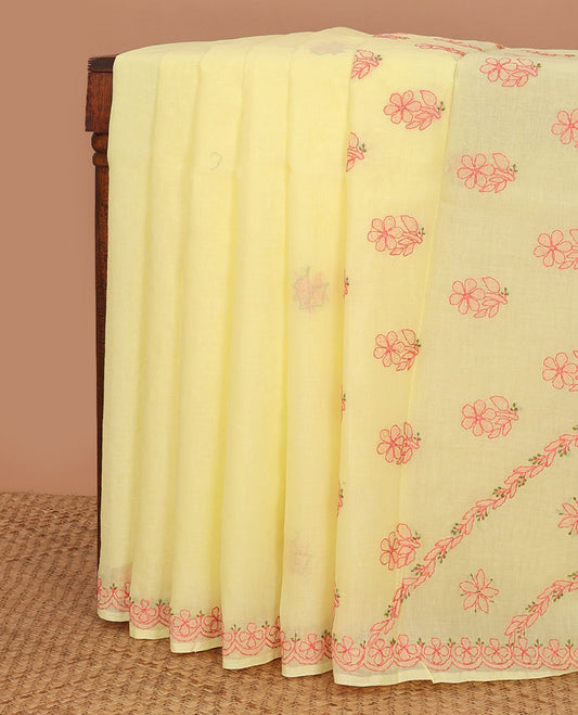 Lemon yellow floral thread embroidery chikankari cotton saree with self embroidery border
