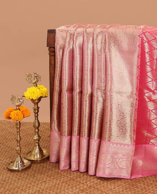 Gold pink jaal design tissue celebrity saree with zari border & brocade rich pallu along with brocade blouse