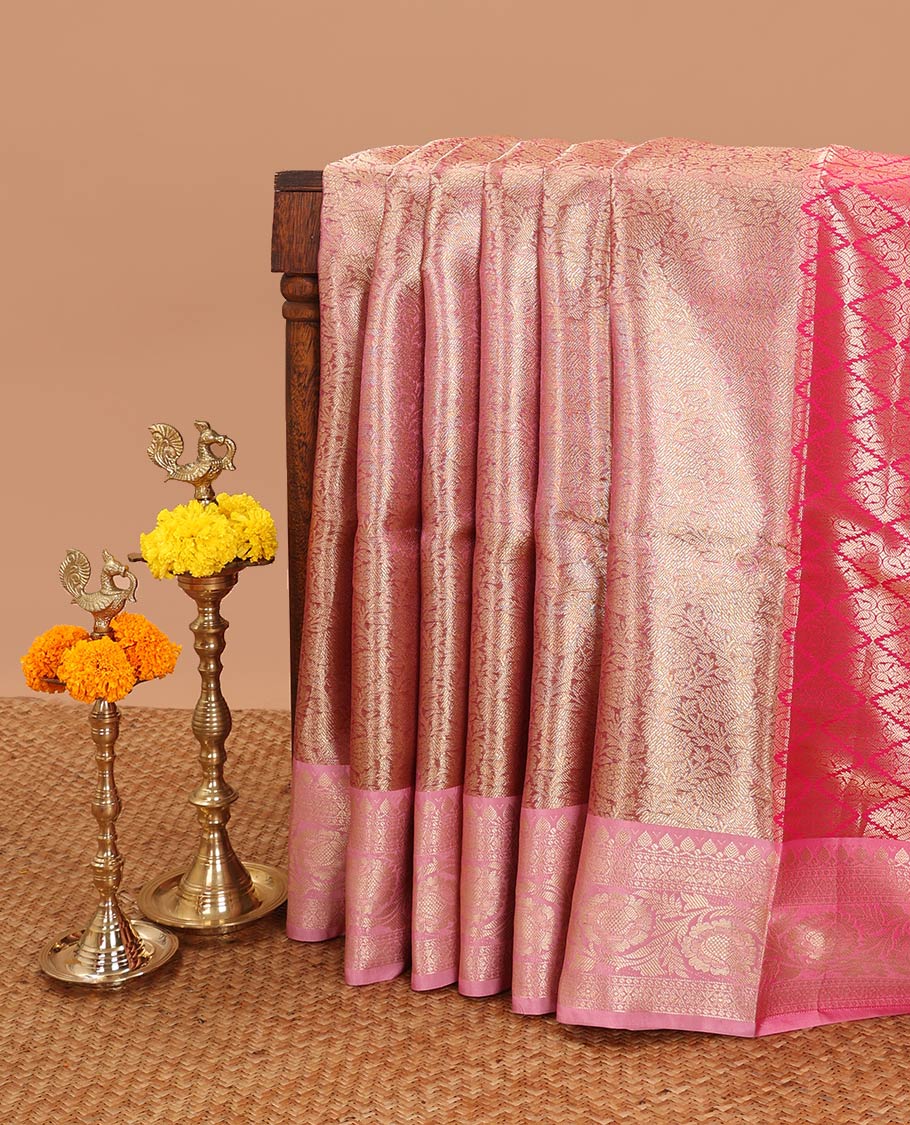 Gold pink jaal design tissue celebrity saree with zari border & brocade rich pallu along with brocade blouse