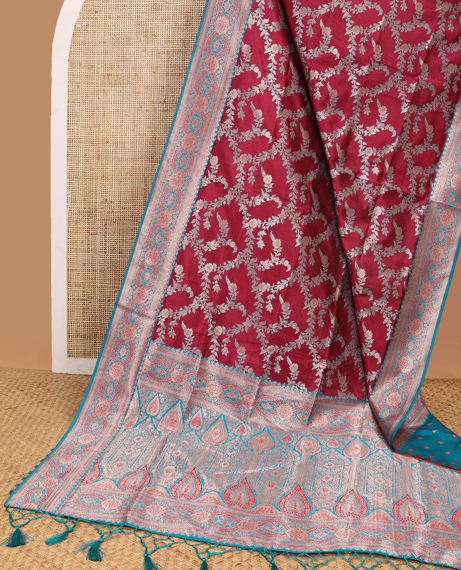 Red floral jaal design butter silk saree with contrast intricate zari design border & floral design pallu