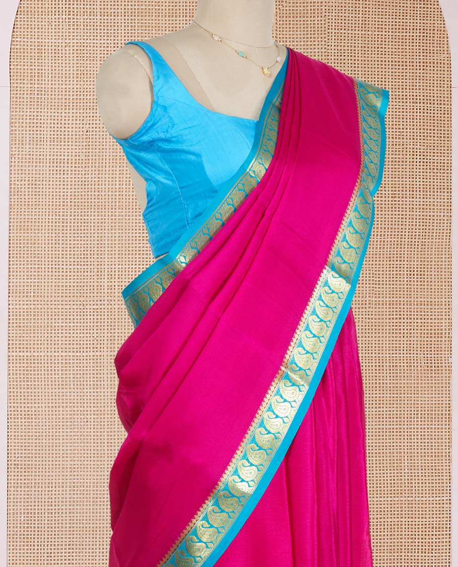 Pink Plain Mysore Silk Saree, Enthralled by a Contrast Zari Border of Paisley Designs, a Subtly Sparkled Pallu of Zari Stripes, and a Contrast Blouse