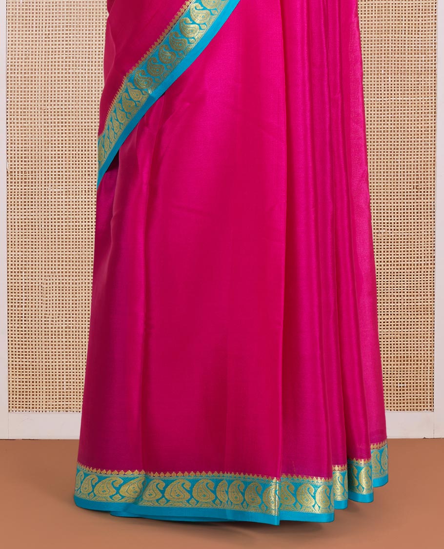 Pink Plain Mysore Silk Saree, Enthralled by a Contrast Zari Border of Paisley Designs, a Subtly Sparkled Pallu of Zari Stripes, and a Contrast Blouse