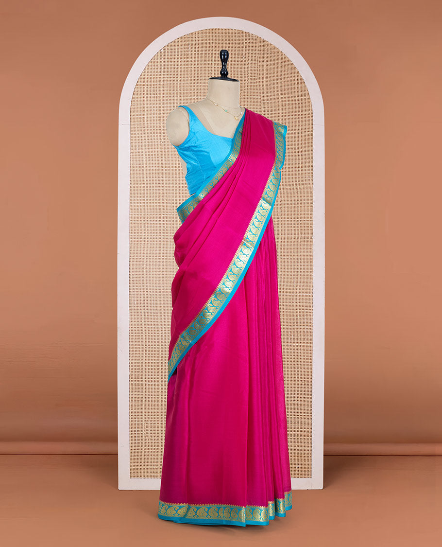 Pink Plain Mysore Silk Saree, Enthralled by a Contrast Zari Border of Paisley Designs, a Subtly Sparkled Pallu of Zari Stripes, and a Contrast Blouse