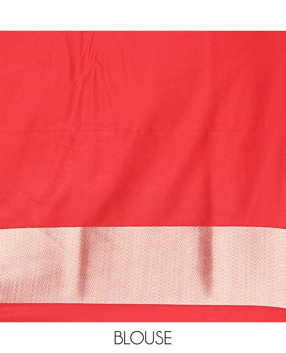 Red striped softy saree with self chevron design border & striped pallu