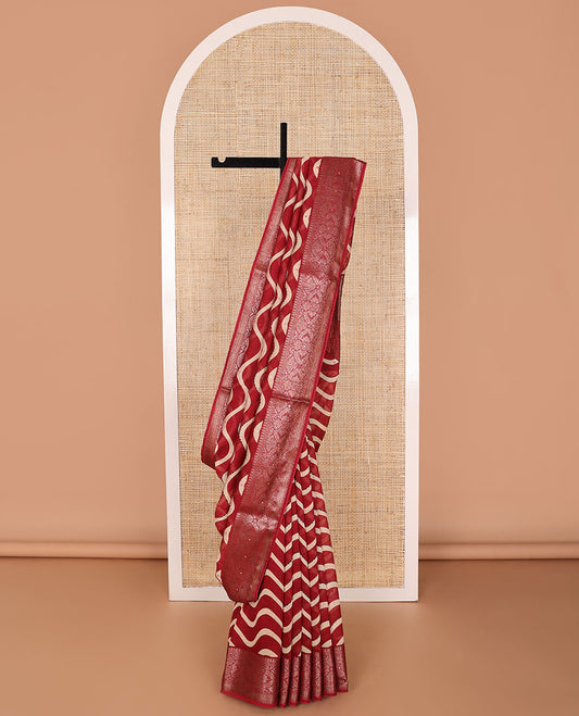 Red wave design with sequins work chanderi cotton saree & contrast zari design border