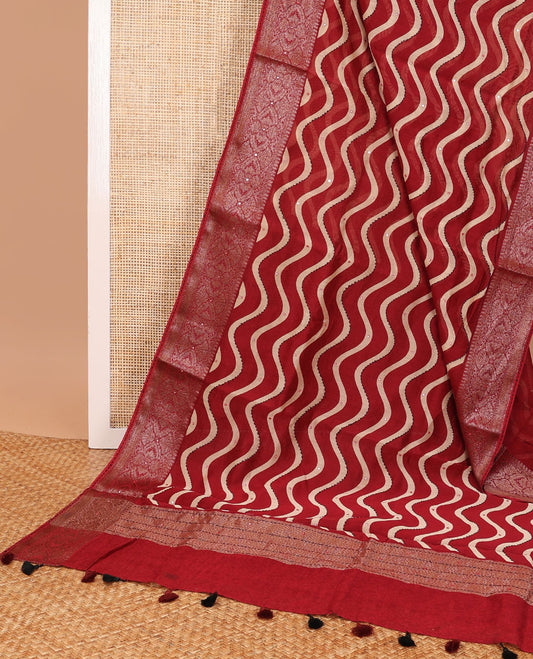 Red wave design with sequins work chanderi cotton saree & contrast zari design border