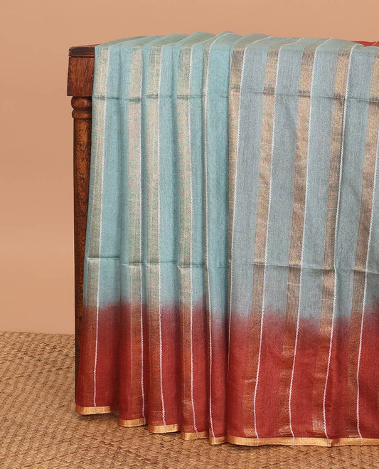 Blue striped linen saree with contrast striped border & sequins embroidery pallu