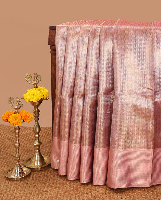 Gold pink jaal design tissue celebrity saree with zari border & brocade rich pallu along with brocade blouse