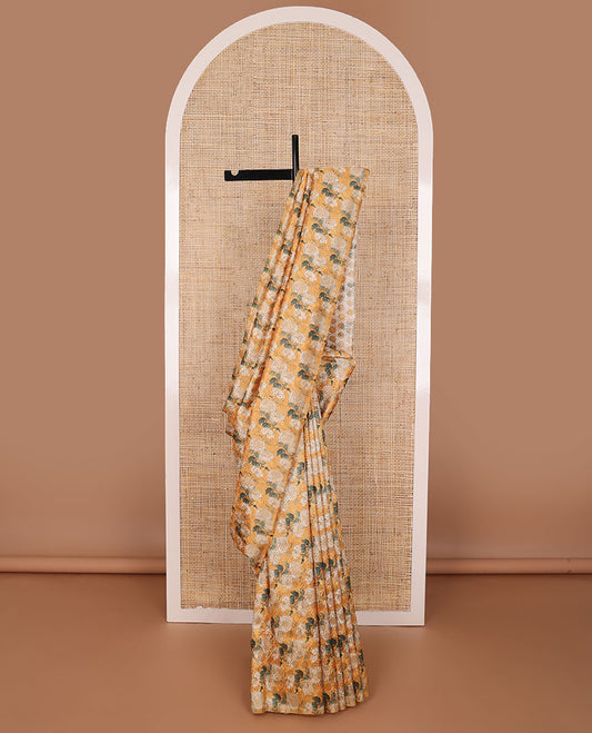 Borderless orange floral design, thread embroidery kamala silk saree with contrast plain blouse
