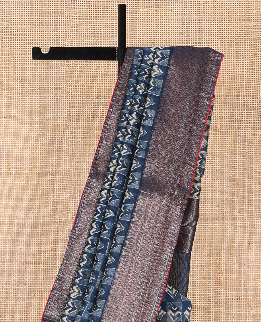 Black checked floral design chanderi cotton saree with self zari design border