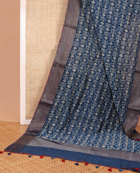 Black checked floral design chanderi cotton saree with self zari design border