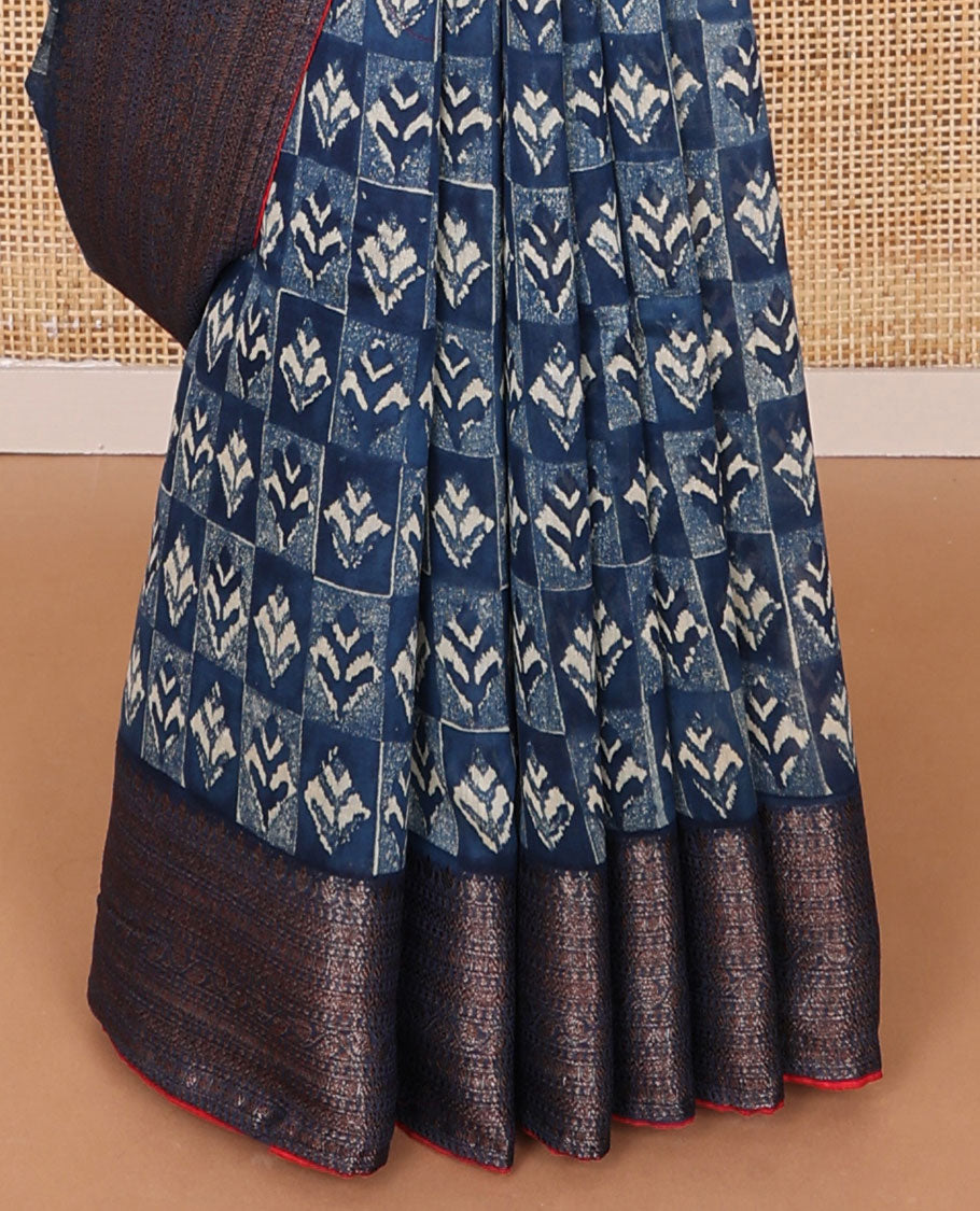Black checked floral design chanderi cotton saree with self zari design border