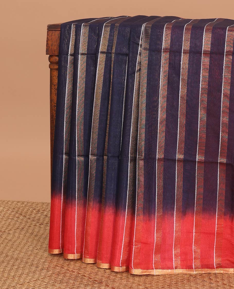 Dark blue striped linen saree with contrast striped border & sequins embroidery pallu