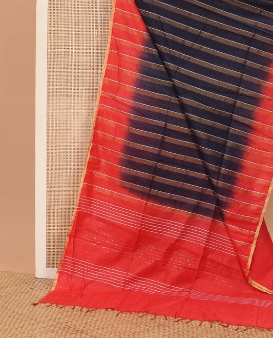 Dark blue striped linen saree with contrast striped border & sequins embroidery pallu