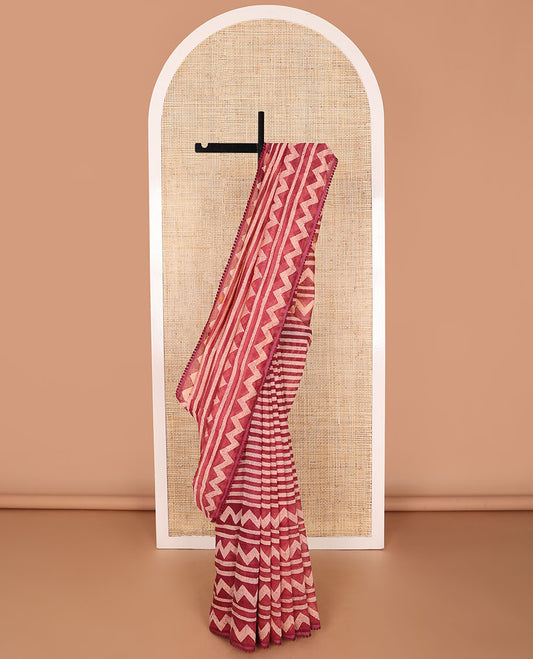 Red striped, chanderi cotton saree with contrast zig zag design, sequins work border & zig zag design, sequins work pallu