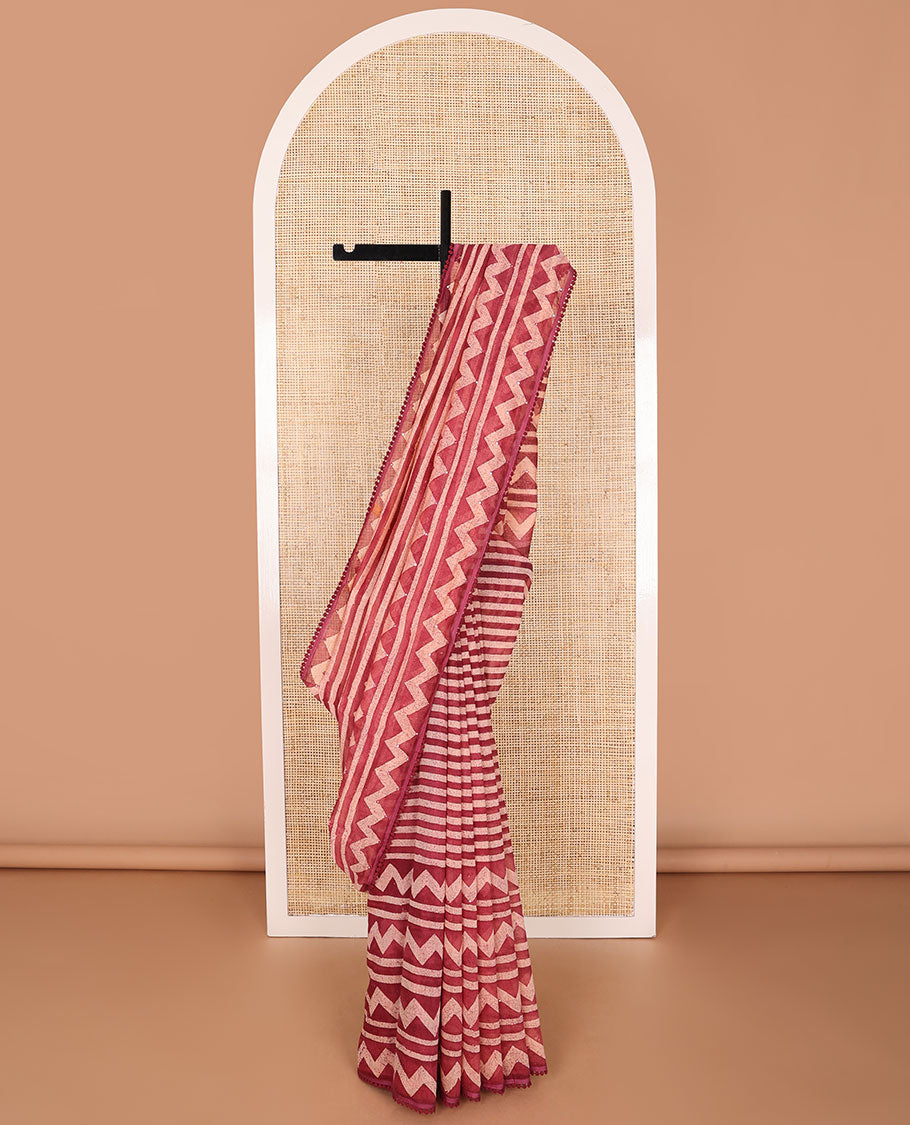 Red striped, chanderi cotton saree with contrast zig zag design, sequins work border & zig zag design, sequins work pallu