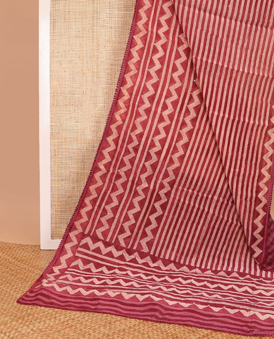 Red striped, chanderi cotton saree with contrast zig zag design, sequins work border & zig zag design, sequins work pallu