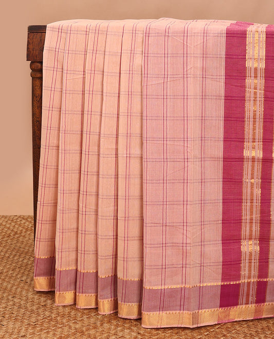 Pastel red checked mangalagiri cotton saree with contrast striped border & checked pallu