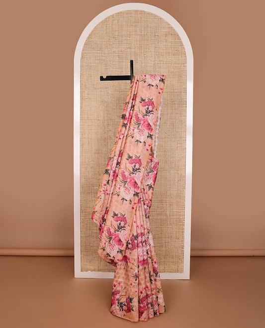 Borderless peach floral design, thread embroidery kamala silk saree with contrast plain blouse