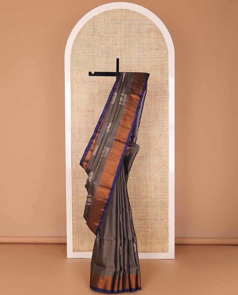 Brown floral motifs uppada saree with contrast zari border & floral design pallu