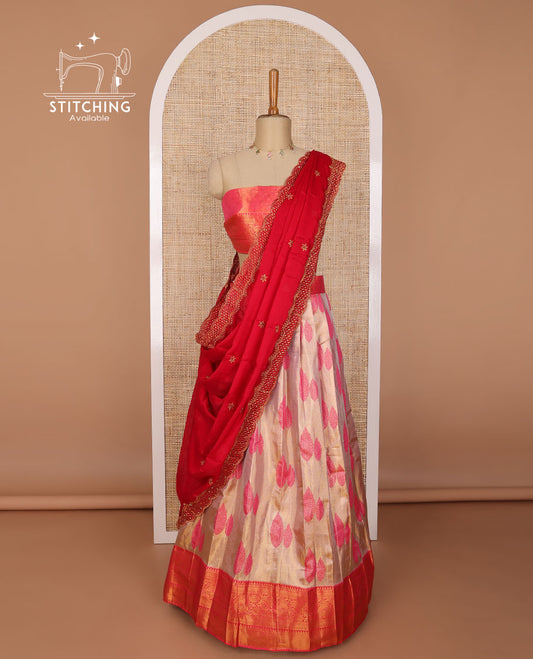 Sandal leaf buttas tissue half saree with contrast zari design border, zari design blouse & floral embroidery, scallop border dhavani