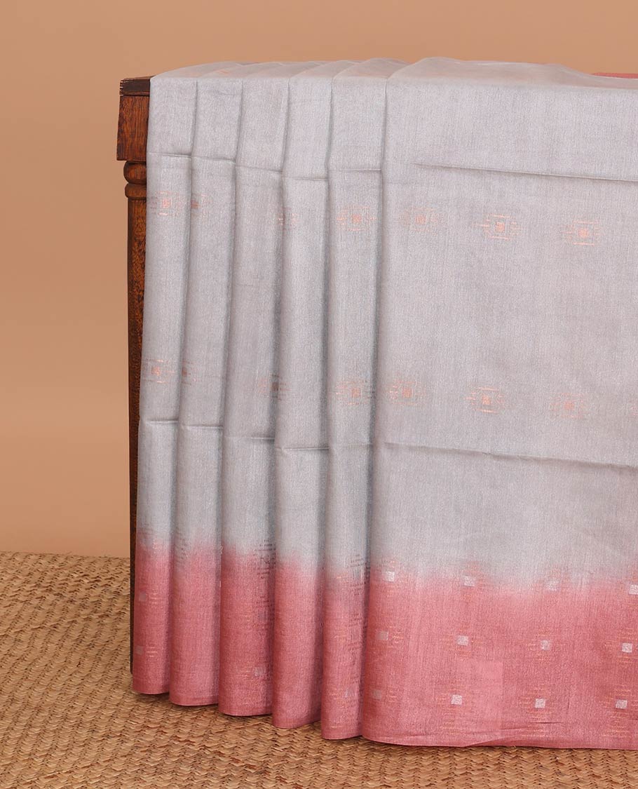 Grey motifs linen saree with contrast geometric design & sequins embroidery pallu
