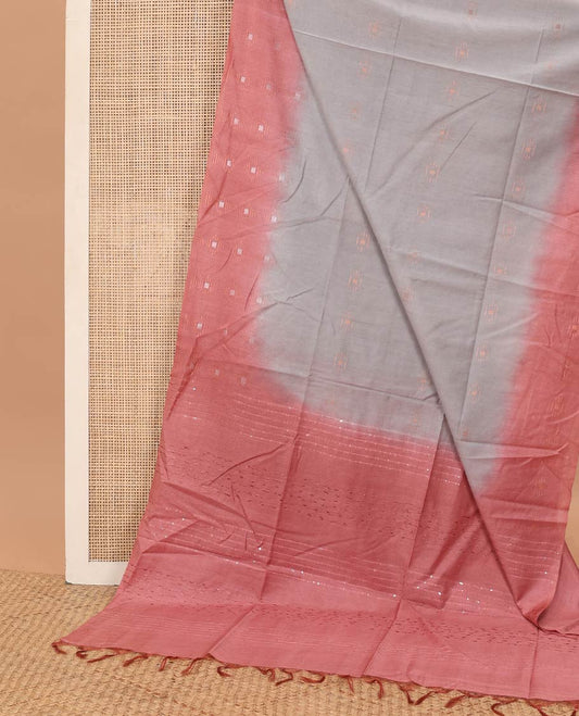 Grey motifs linen saree with contrast geometric design & sequins embroidery pallu