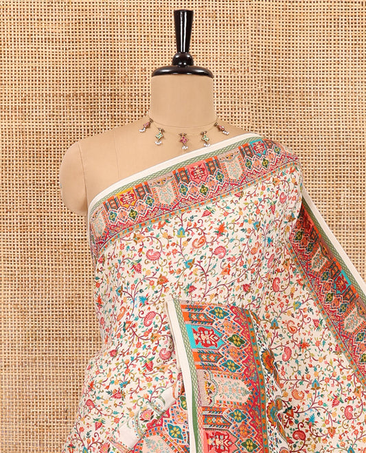 Cream intricate Mughal style position woven Russian silk saree, Mughal style motifs position woven border, pallu, and a contrast manga buttas blouse