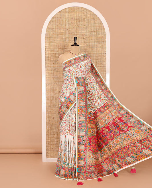 Cream intricate Mughal style position woven Russian silk saree, Mughal style motifs position woven border, pallu, and a contrast manga buttas blouse