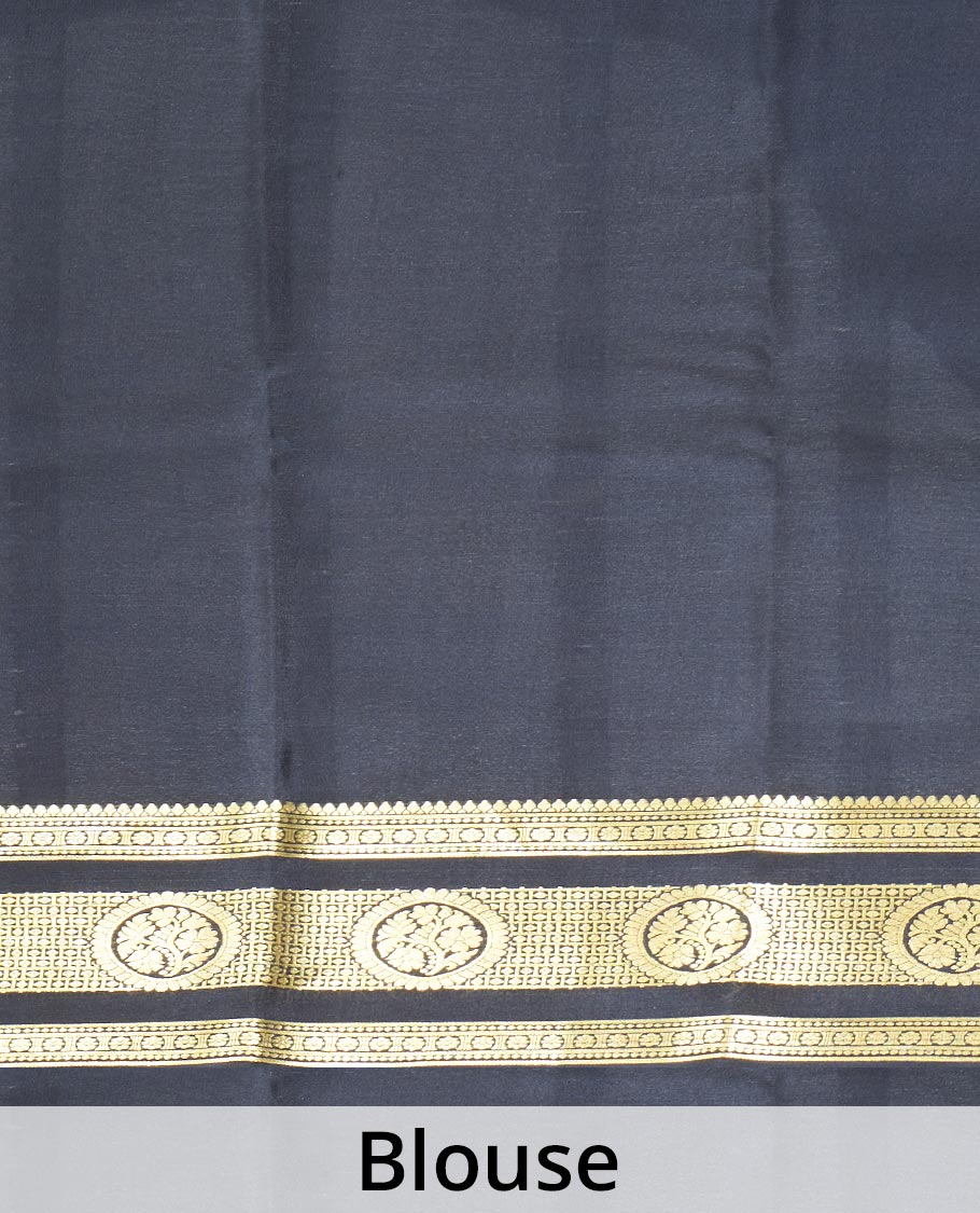 Mustrad Plain Mysore Silk Saree, Complemented by a Contrast Traditional Zari Design Border, a Pallu Gleamed Up with Zari Stripes, and a Contrast Blouse