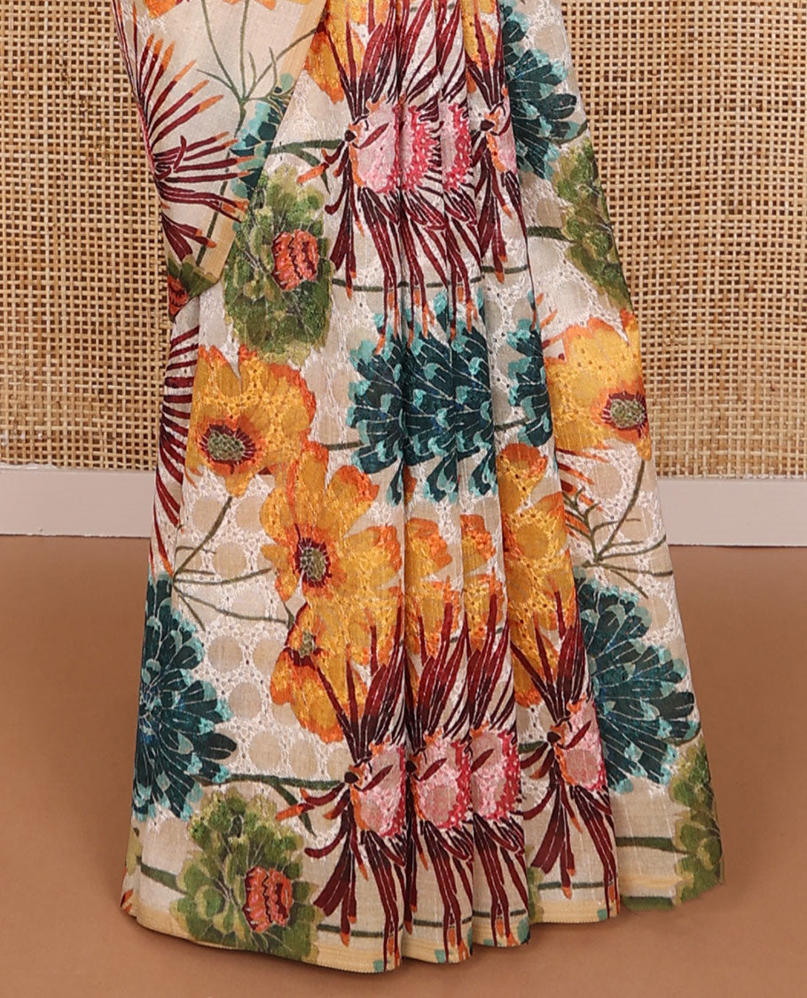 Borderless white floral design, thread embroidery kamala silk saree with contrast checked blouse