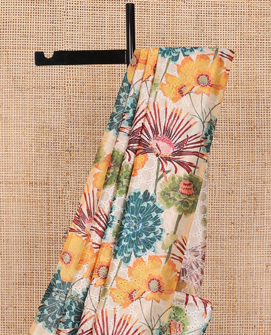 Borderless white floral design, thread embroidery kamala silk saree with contrast checked blouse