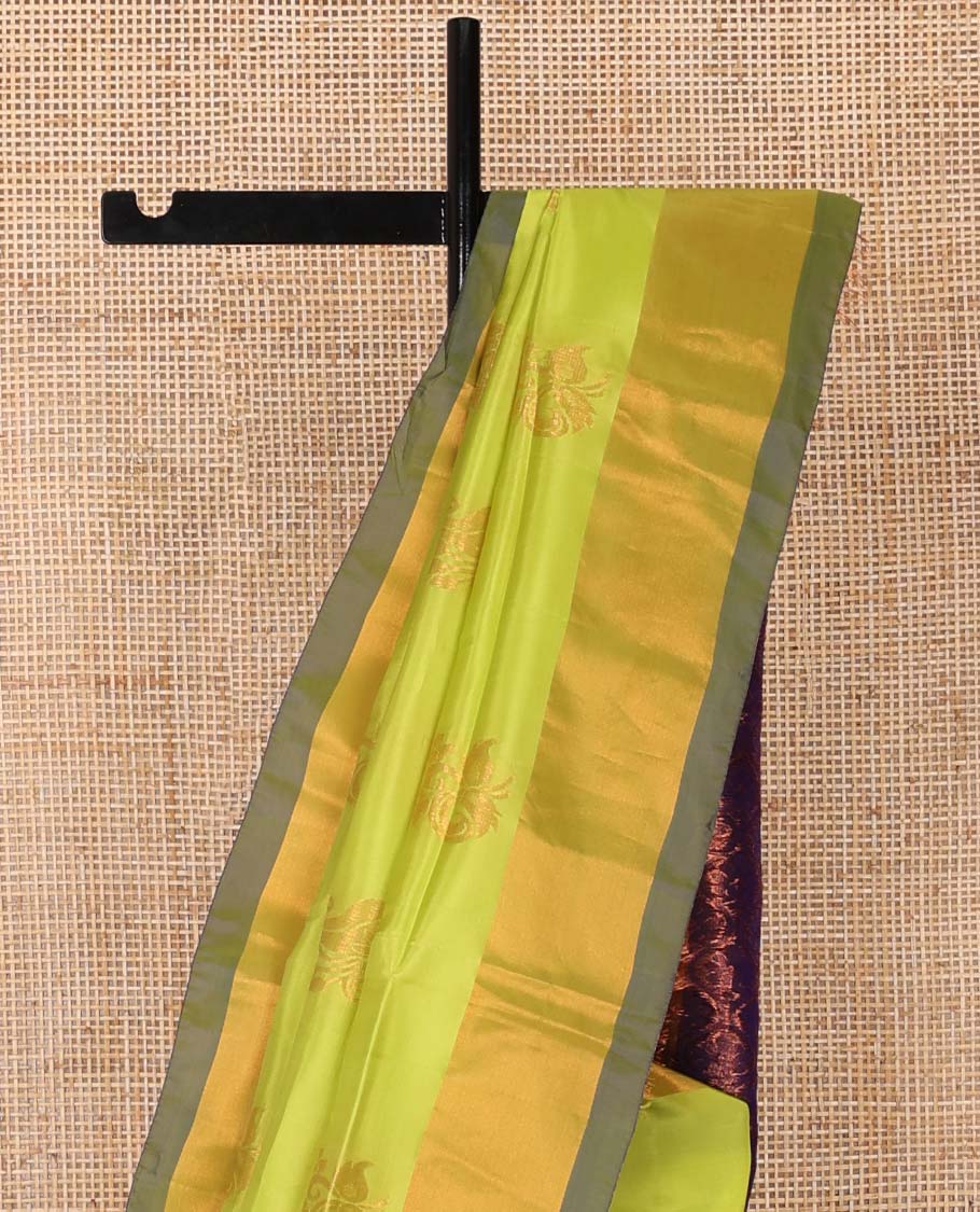 light green floral motifs uppada saree with contrast zari border & ogee design pallu