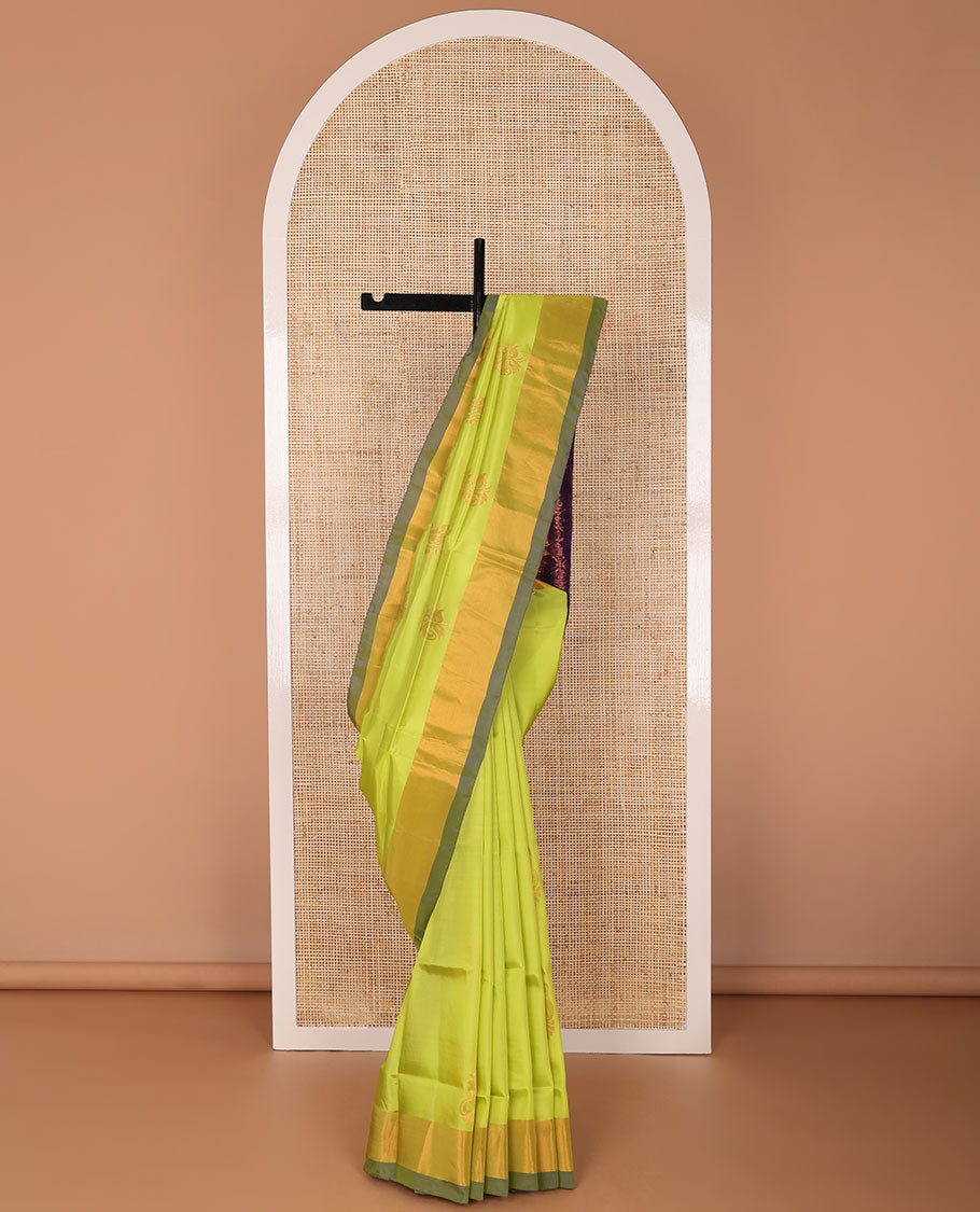 light green floral motifs uppada saree with contrast zari border & ogee design pallu