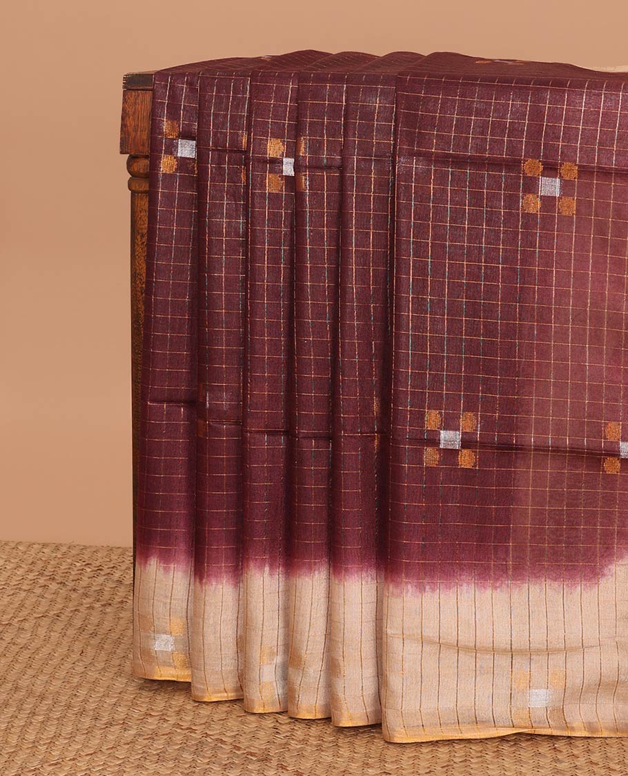 Maroon checked linen saree with contrast geometric design border & checked, geometric design pallu