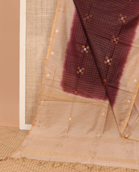 Maroon checked linen saree with contrast geometric design border & checked, geometric design pallu