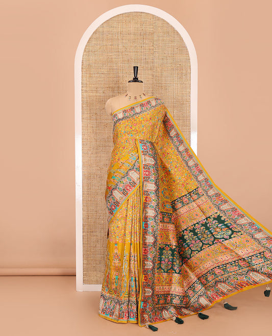 Mustard intricate Mughal style position woven Russian silk saree, Mughal style motifs position woven border, pallu, and a contrast manga buttas blouse