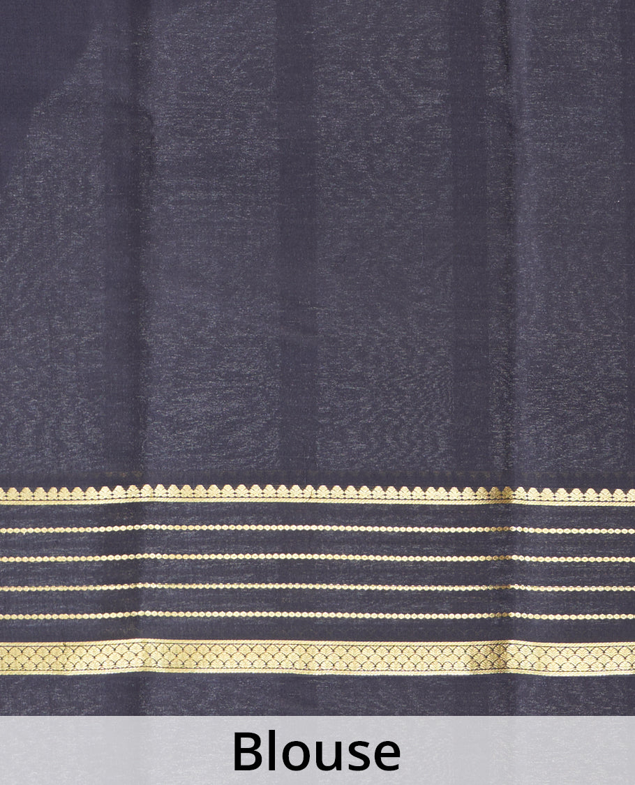 Orange Plain Mysore Silk Saree, Complemented by a Contrast Varisai Pettu Border of Traditional Zari Designs, a Subtly Sparkled Pallu of Zari Stripes, and a Contrast Blouse