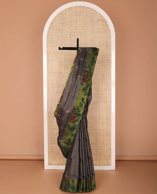 Dark grey floral motifs uppada saree with contrast floral design border & floral design pallu