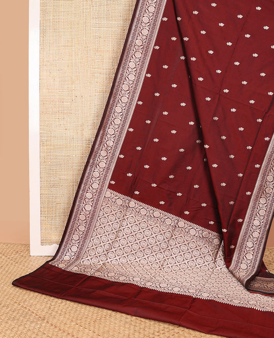 Maroon motifs banaras silk saree with self floral design border & argyle design pallu
