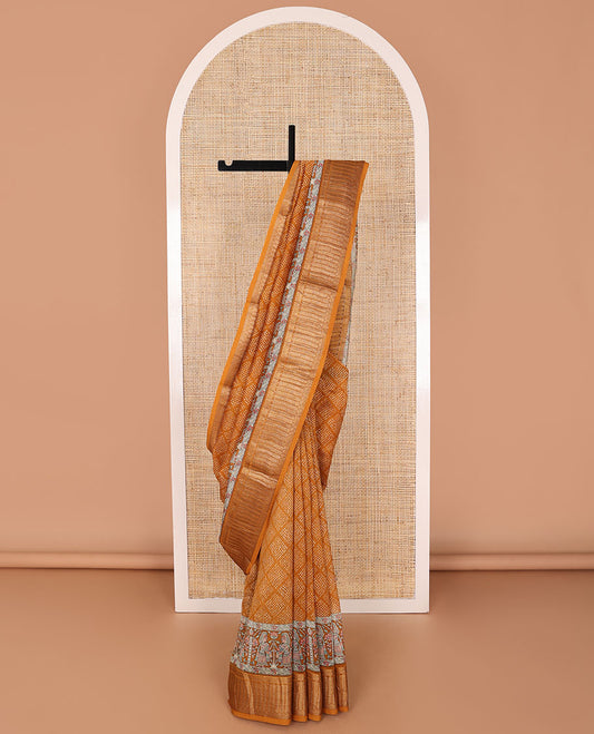 Orange checked bhandani style chanderi cotton saree with self human design border & madhubani style design pallu